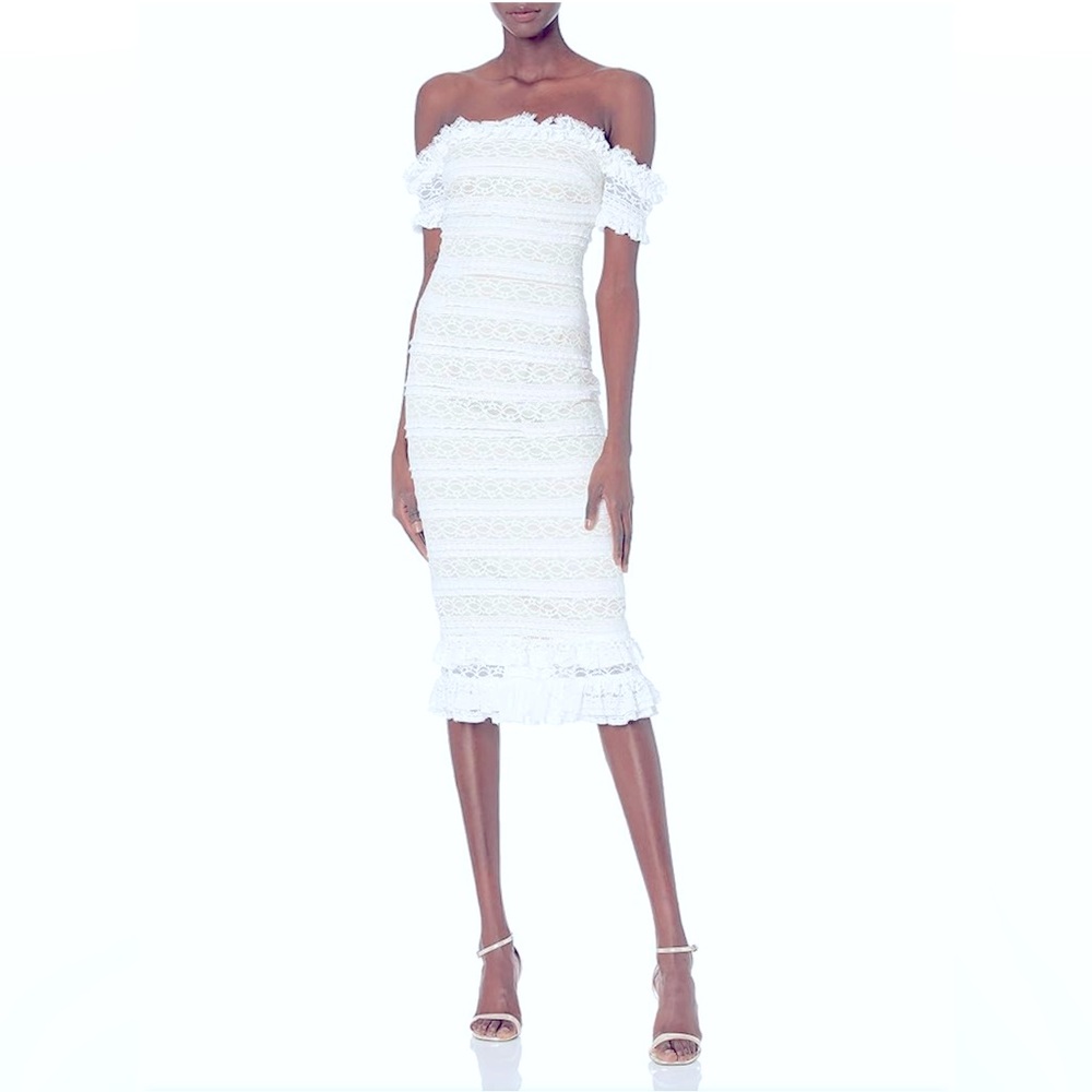 Likely White Off-Shoulder Lace Midi Dress